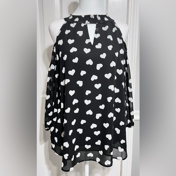Women’s Large *Cold Shoulder* Blouse Black with White Hearts 3/4 sleeves - Picture 1 of 9